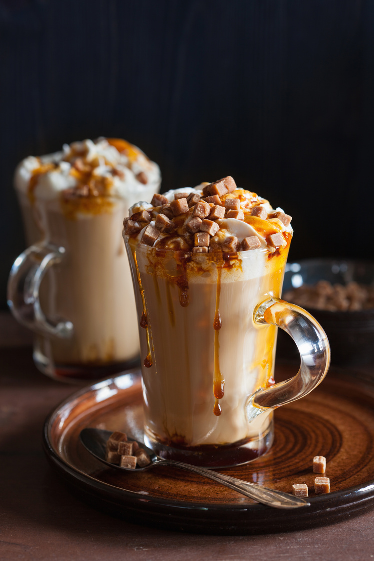 cafe latte with whipped cream and caramel